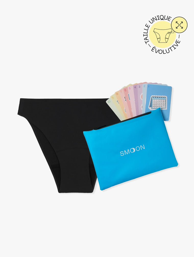 Kit primeras reglas = Braguita menstrual talla única + Bolsa + Juego educativo