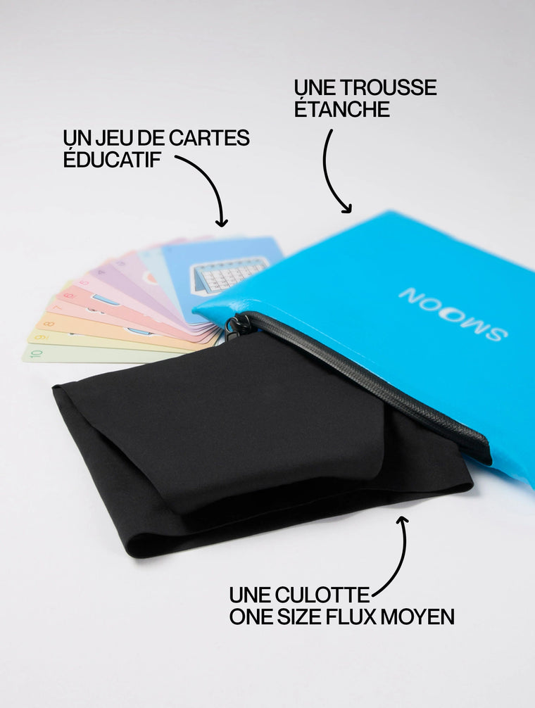 Kit primeras reglas = Braguita menstrual talla única + Bolsa + Juego educativo