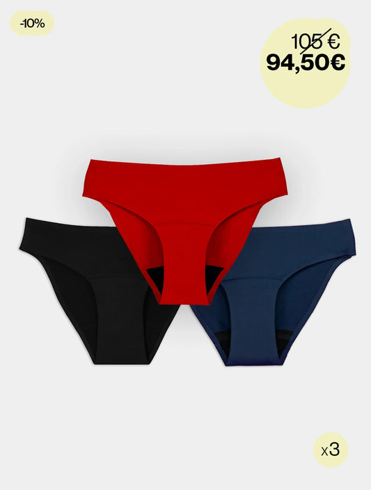 Culotte menstruelle flux moyen - Lot 3 coloris
