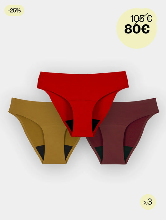 Culotte menstruelle flux moyen - Lot 3 coloris