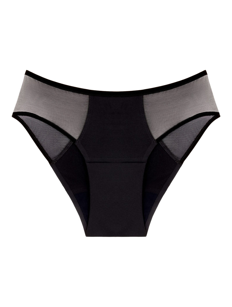 Culotte menstruelle Séléné Tulle noire, flux moyen, tulle sur les hanches
