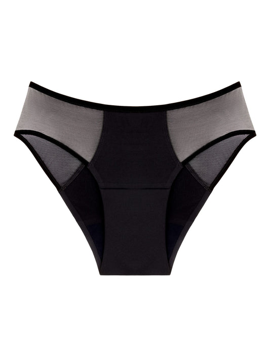 Culotte menstruelle Séléné Tulle noire, flux moyen, tulle sur les hanches